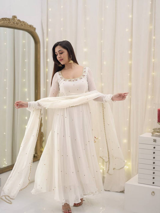 Elegant White Faux Georgette Anarkali with Palazzo & Dupatta – Embroidered Ready-to-Wear Suit