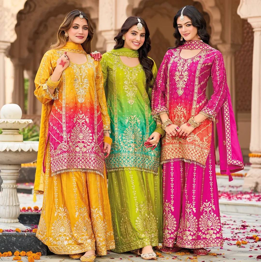 Exquisite three Colour Tradition Plazzo Suit