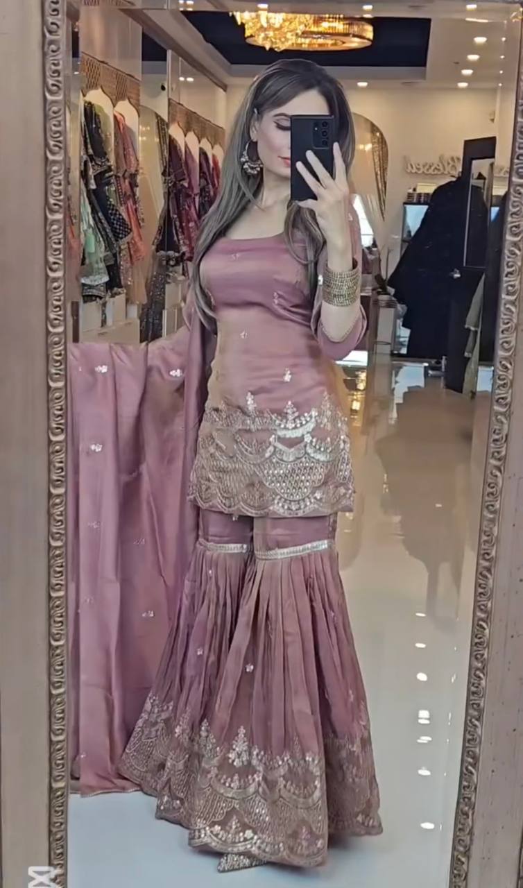 Neutral Silk With Heavy Embroidery Work With Fancy Borders Less Work Sleeve With Fancy Latkan Dori.
