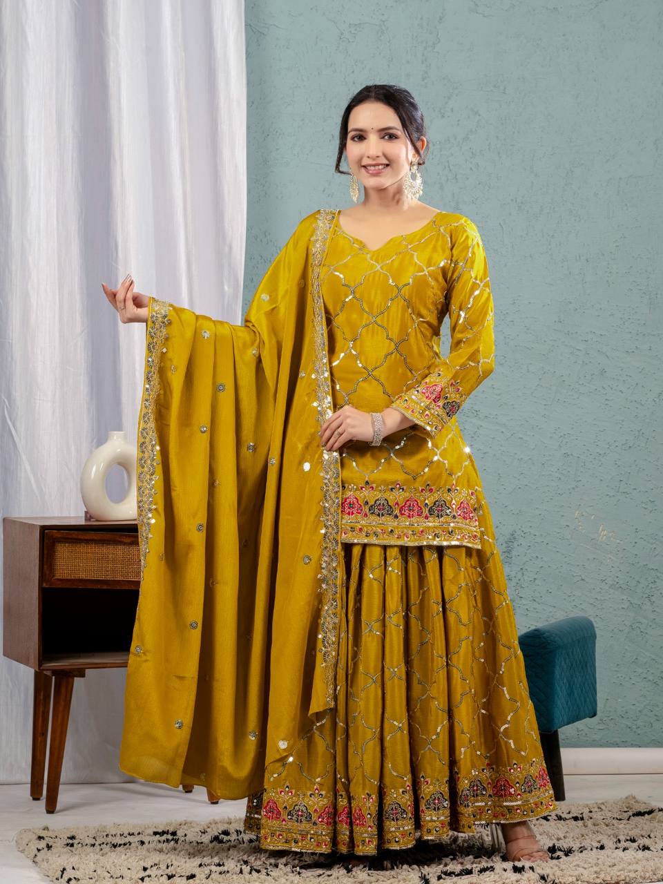 Launching new design party wear look top sharara plazzo and dupatta