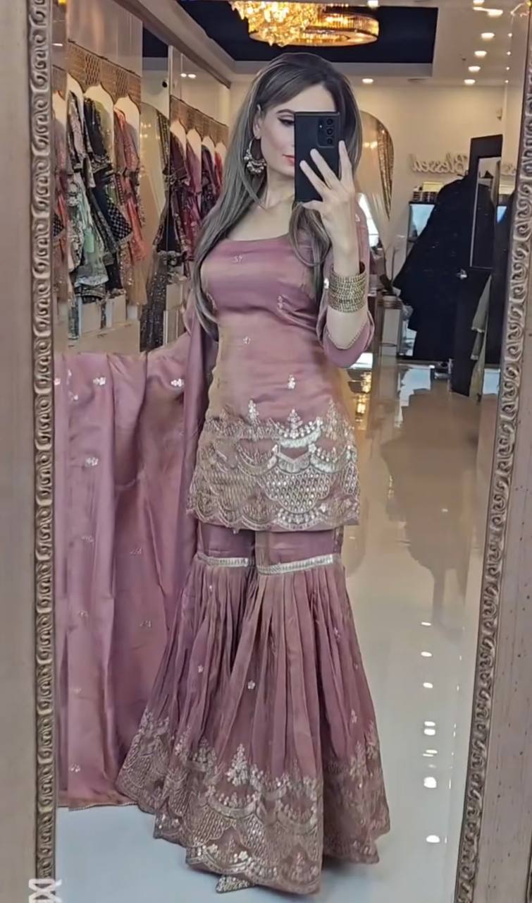 Neutral Silk With Heavy Embroidery Work With Fancy Borders Less Work Sleeve With Fancy Latkan Dori.