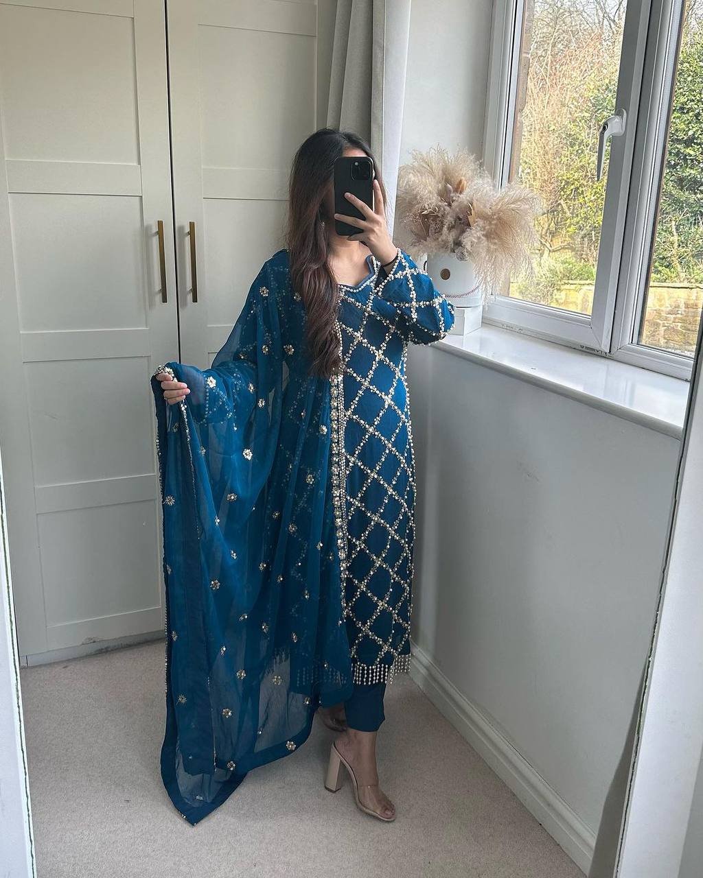 New Launching Long Kurta Designer , Pant And Dupptta Hand Work Suit -NF409