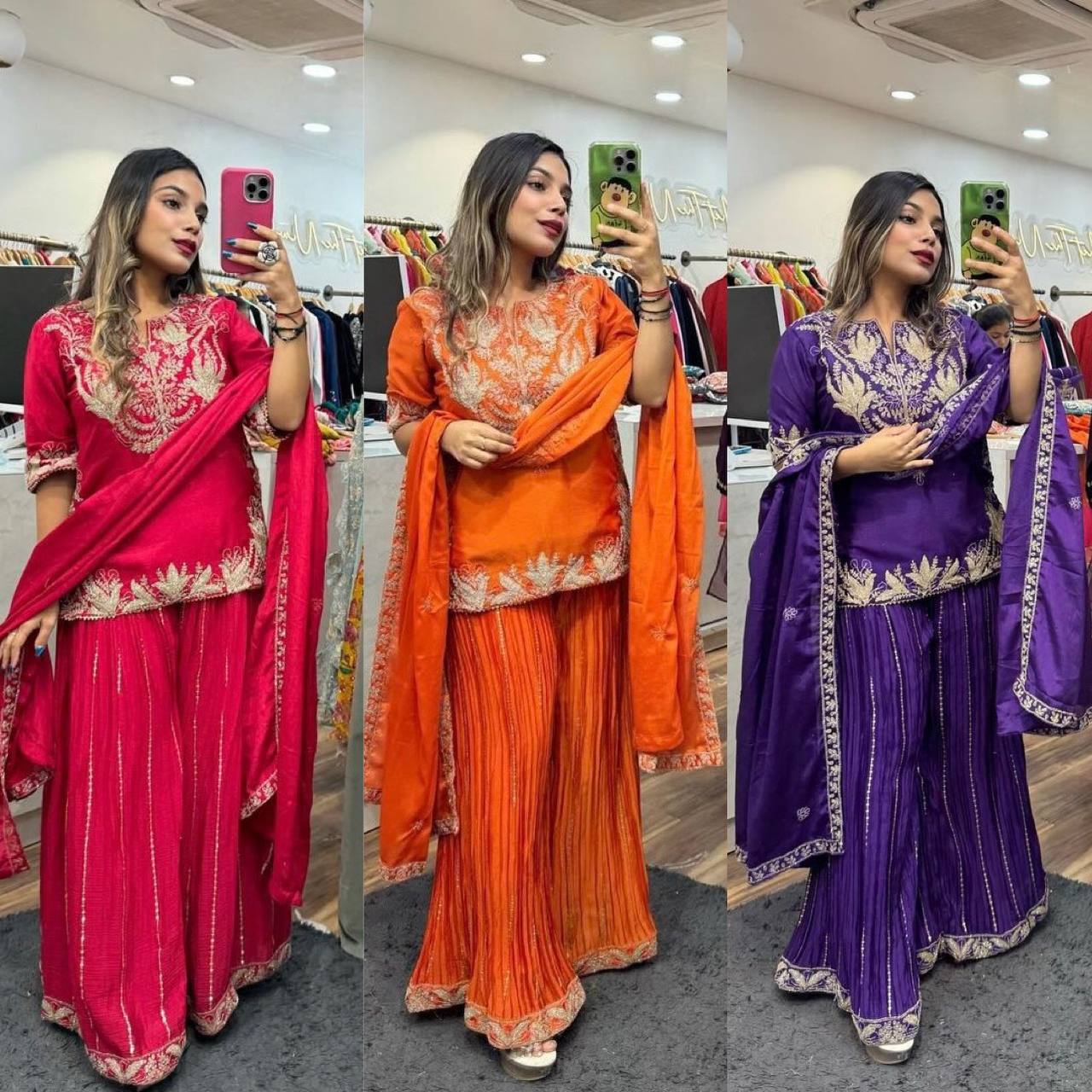 new party wear outfit made from have pure chinon fabric with 3 colour embroidery work:-5023