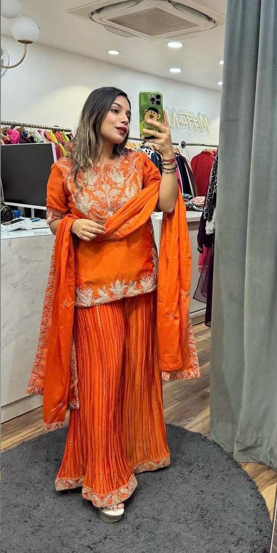 new party wear outfit made from have pure chinon fabric with 3 colour embroidery work:-5023