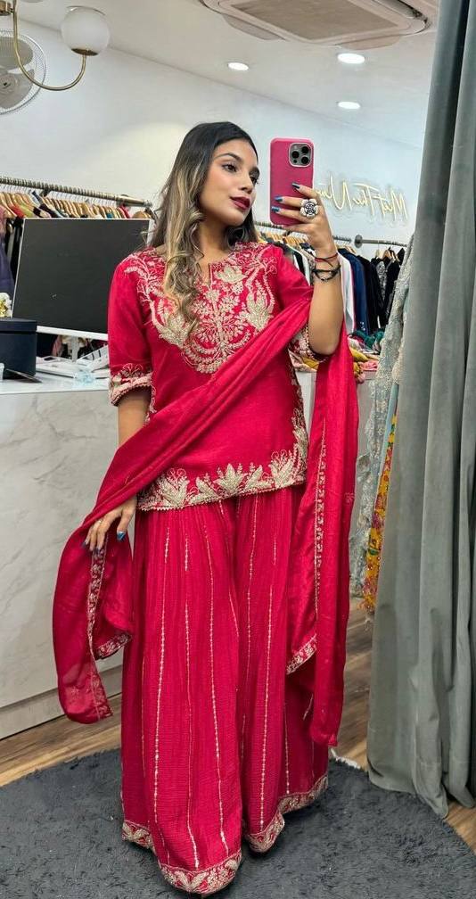 new party wear outfit made from have pure chinon fabric with 3 colour embroidery work:-5023