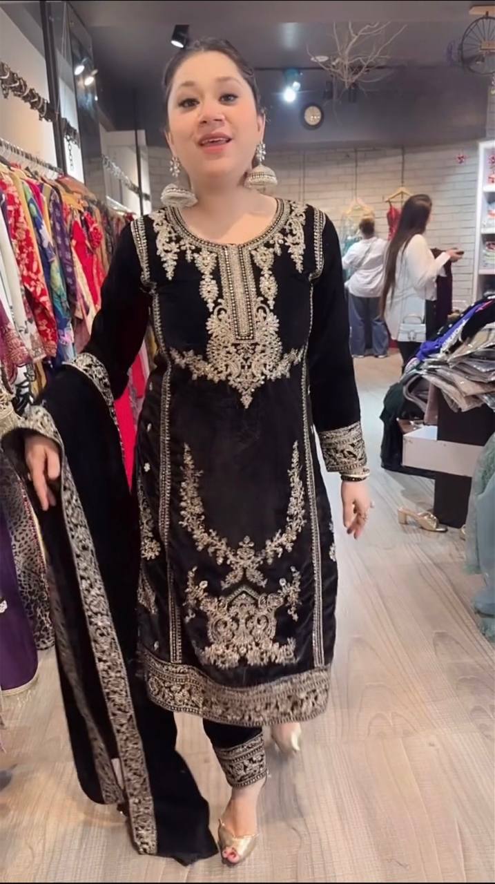 Black party wear outfit made from have pure Viscous Velvet embroidery work:-3025