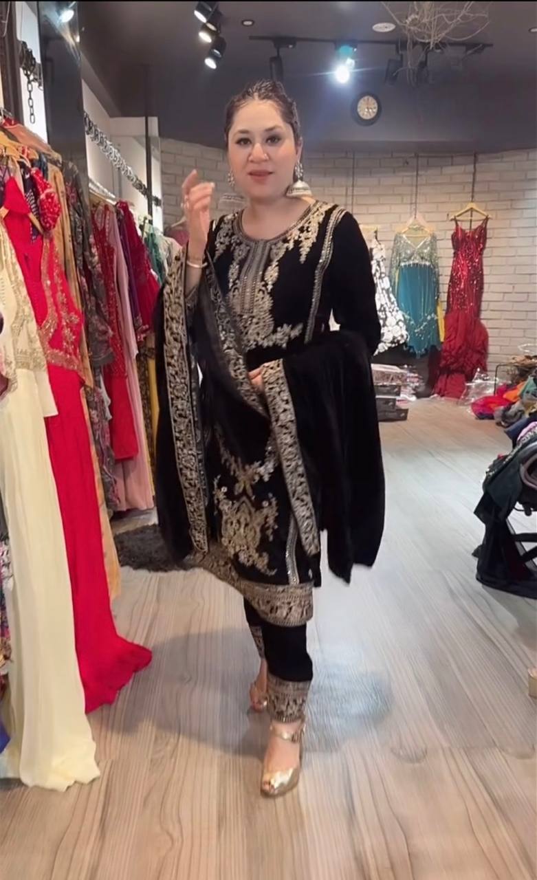Black party wear outfit made from have pure Viscous Velvet embroidery work:-3025