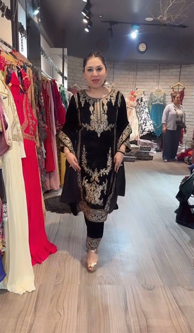 Black party wear outfit made from have pure Viscous Velvet embroidery work:-3025