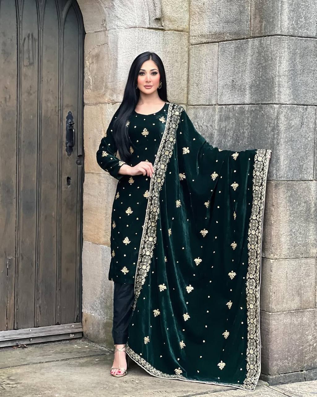 Green party wear outfit made from have pure Viscous Velvet with multi color embroidery work:-3027
