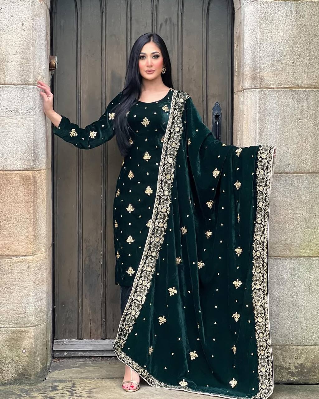 Green party wear outfit made from have pure Viscous Velvet with multi color embroidery work:-3027