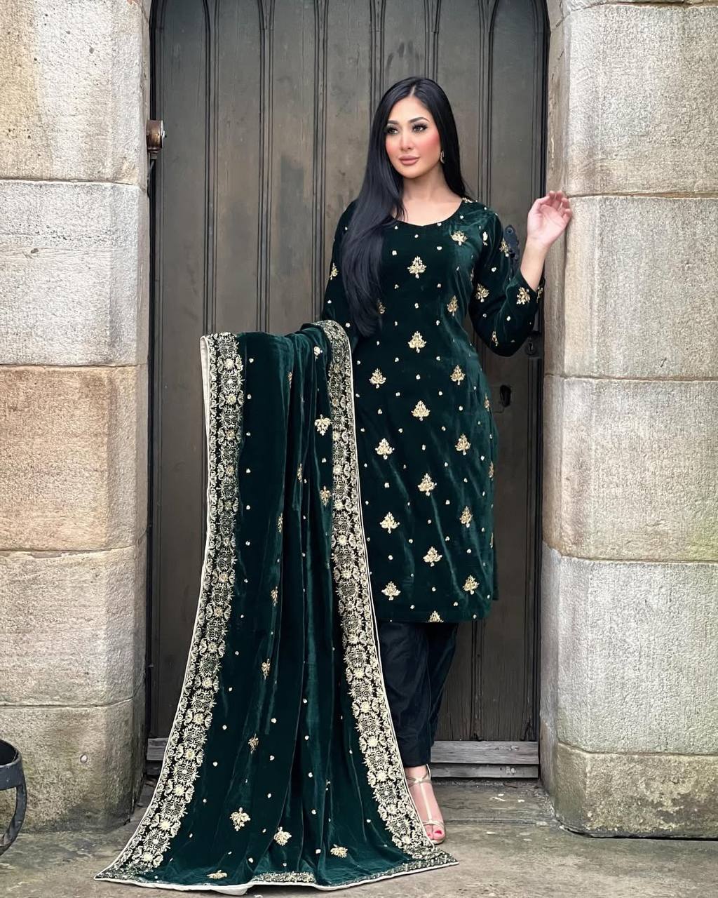Green party wear outfit made from have pure Viscous Velvet with multi color embroidery work:-3027