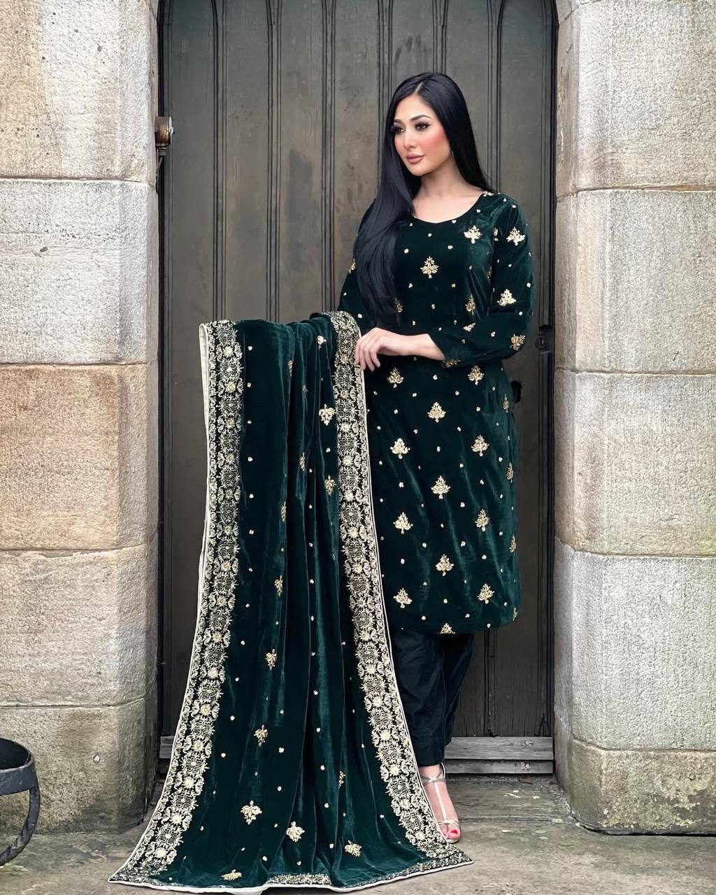 Green party wear outfit made from have pure Viscous Velvet with multi color embroidery work:-3027