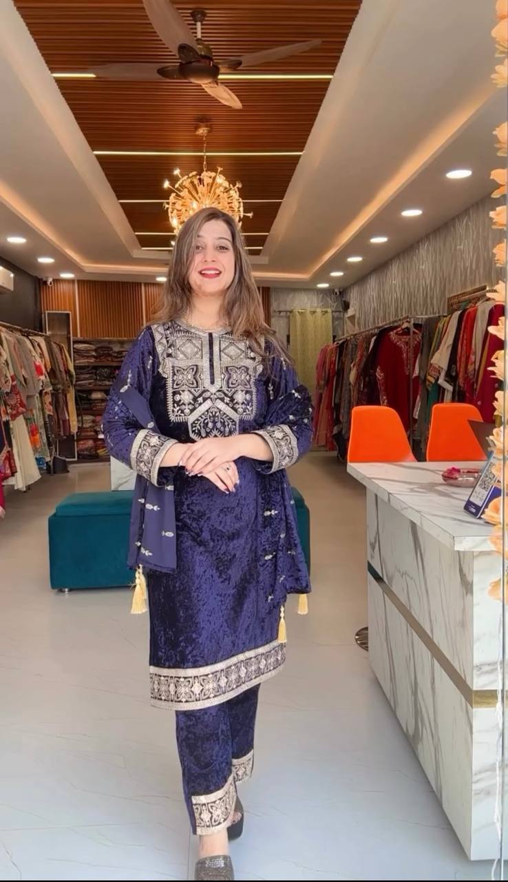 blue party wear outfit made from have pure Viscous Velvet with  embroidery work:-5026