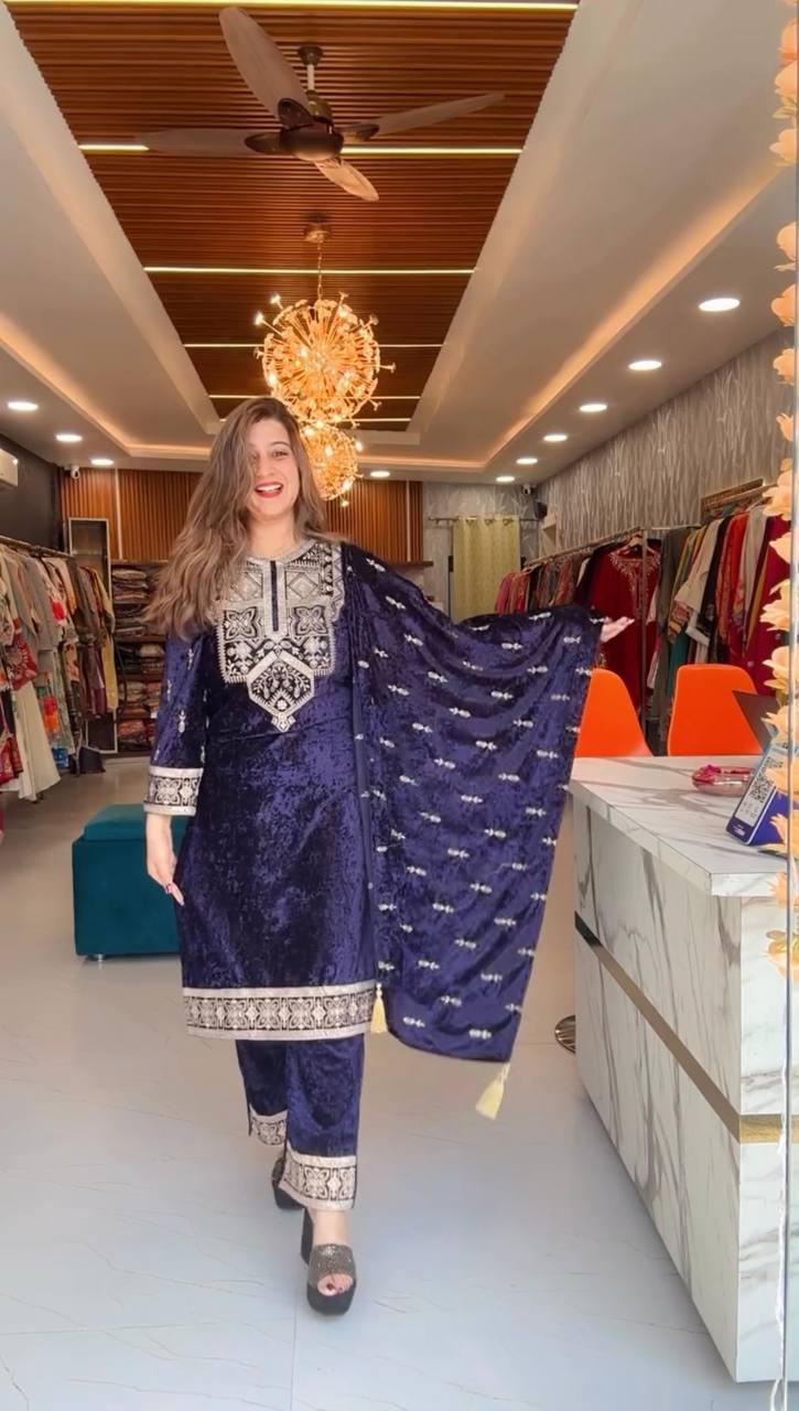 blue party wear outfit made from have pure Viscous Velvet with  embroidery work:-5026