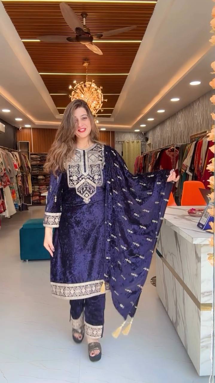 blue party wear outfit made from have pure Viscous Velvet with  embroidery work:-5026