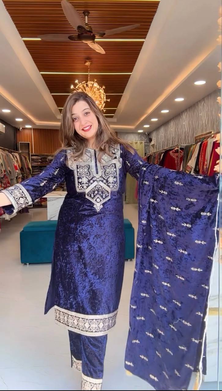blue party wear outfit made from have pure Viscous Velvet with  embroidery work:-5026
