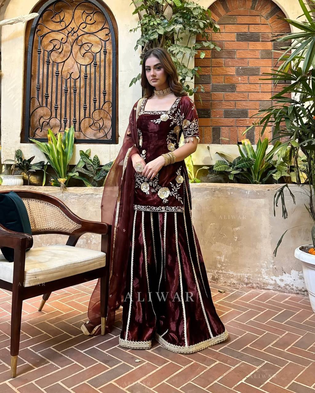 party wear outfit made from have pure Viscous Velvet with Coffee color embroidery work:-3028