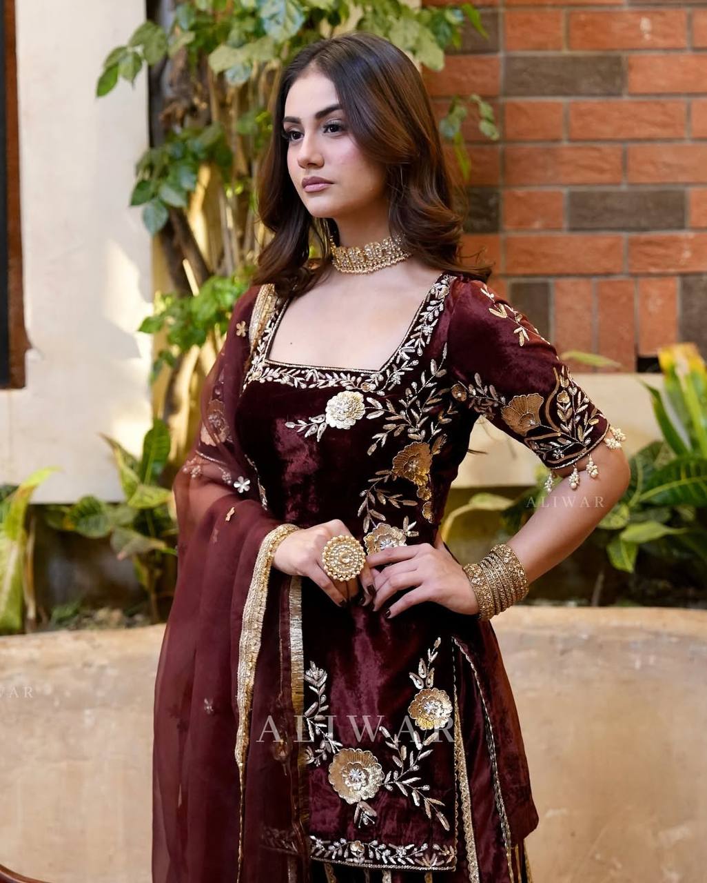 party wear outfit made from have pure Viscous Velvet with Coffee color embroidery work:-3028