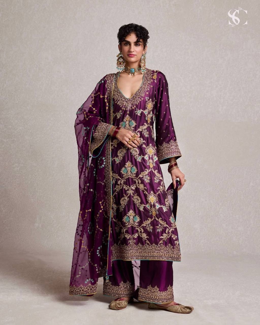 party wear outfit made from have pure Viscous Velvet with Purple  color embroidery work:-5027