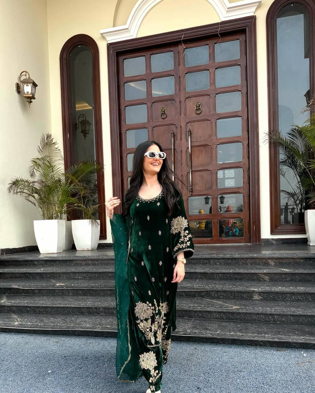 Green party wear outfit made from have pure Viscous Velvet with multi color embroidery work:-5028