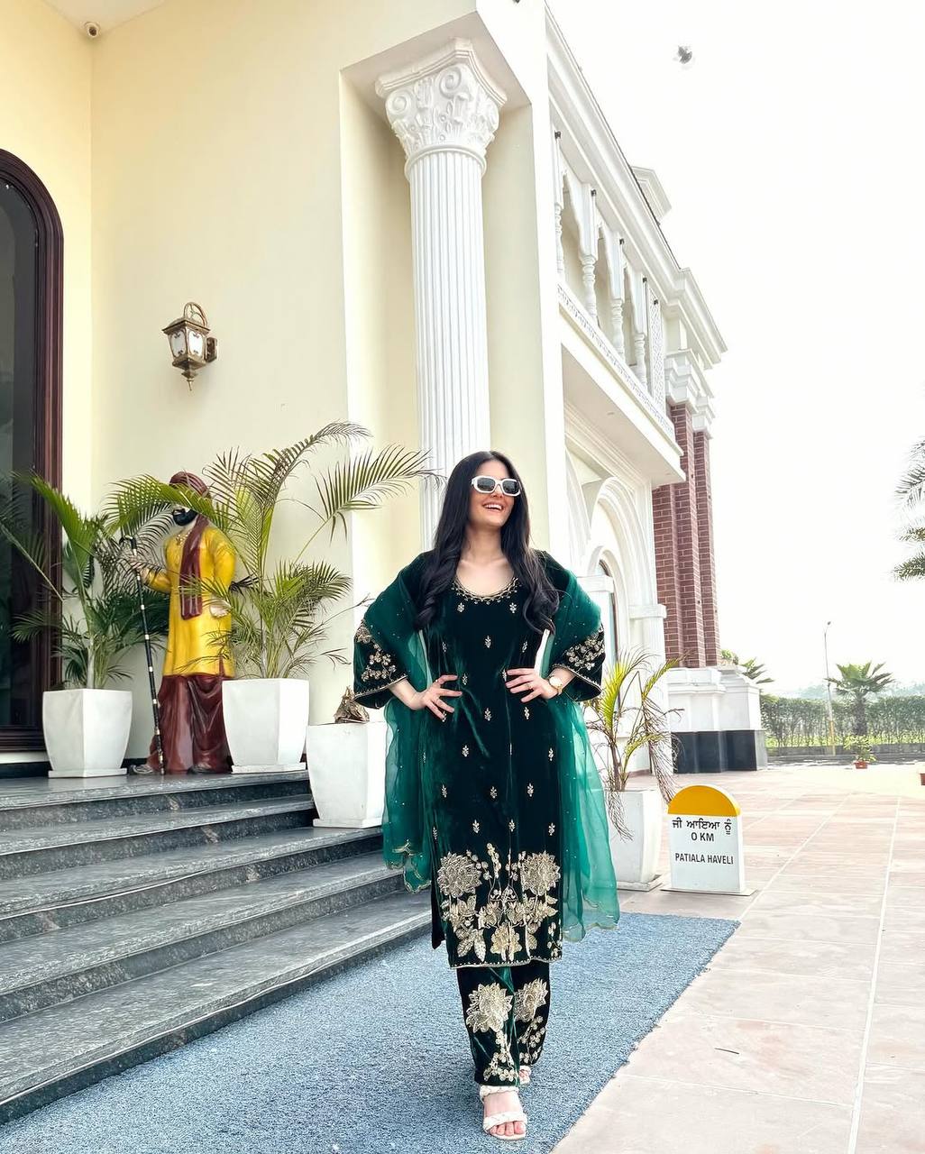 Green party wear outfit made from have pure Viscous Velvet with multi color embroidery work:-5028