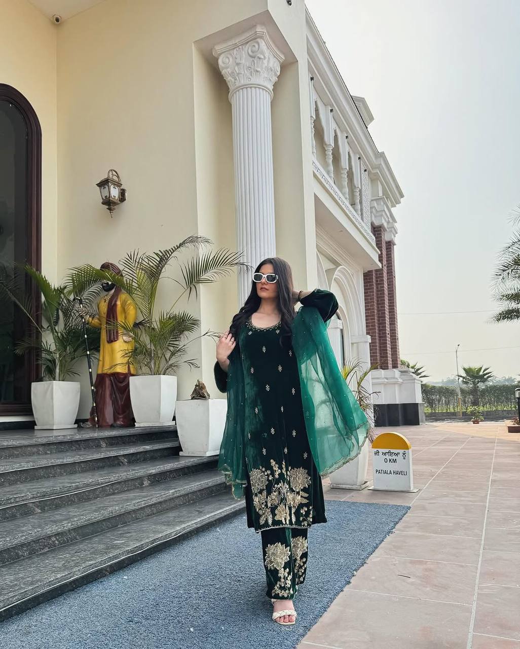Green party wear outfit made from have pure Viscous Velvet with multi color embroidery work:-5028