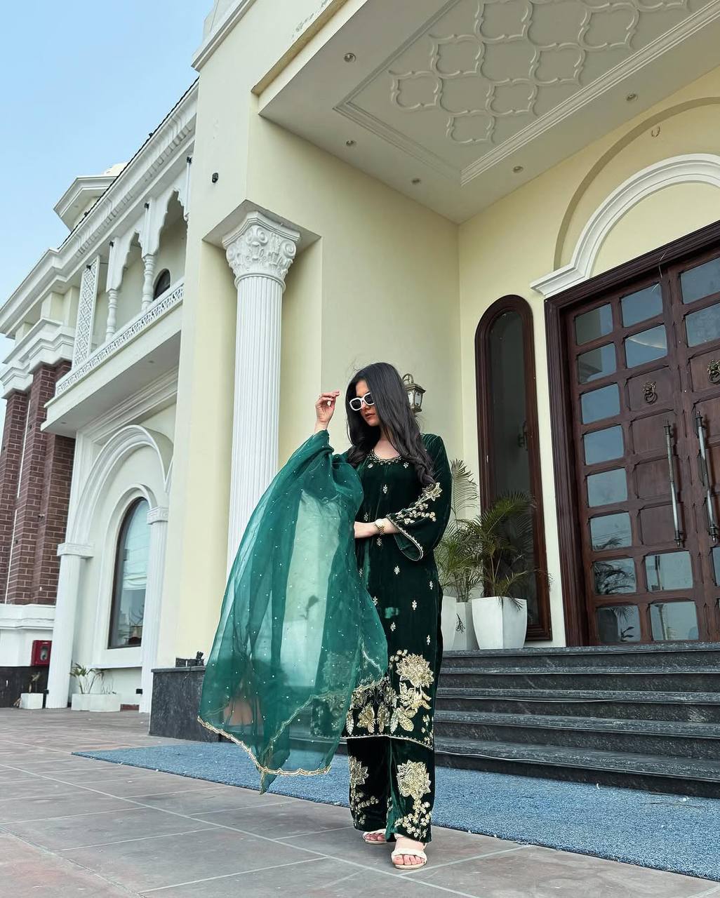 Green party wear outfit made from have pure Viscous Velvet with multi color embroidery work:-5028