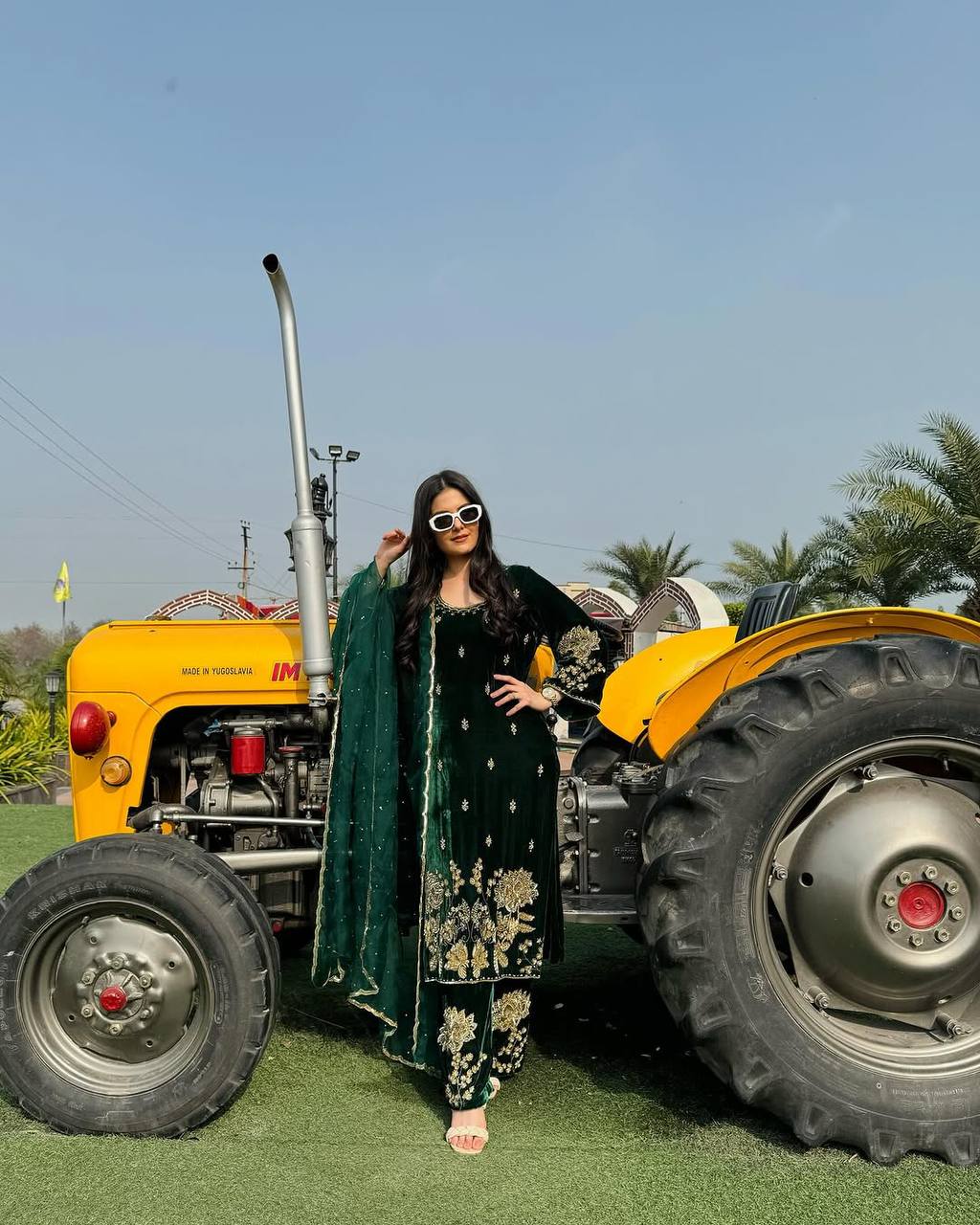Green party wear outfit made from have pure Viscous Velvet with multi color embroidery work:-5028