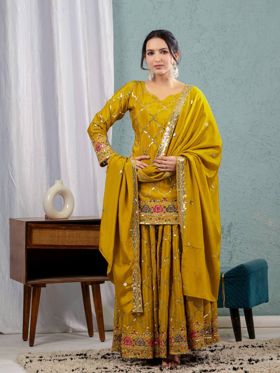 Launching new design party wear look top sharara plazzo and dupatta