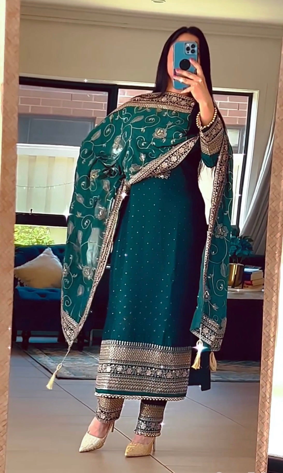 New designer long Pakistani suit top and pant and dupata