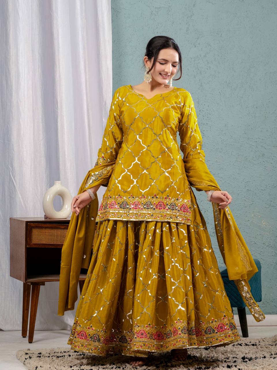 Launching new design party wear look top sharara plazzo and dupatta
