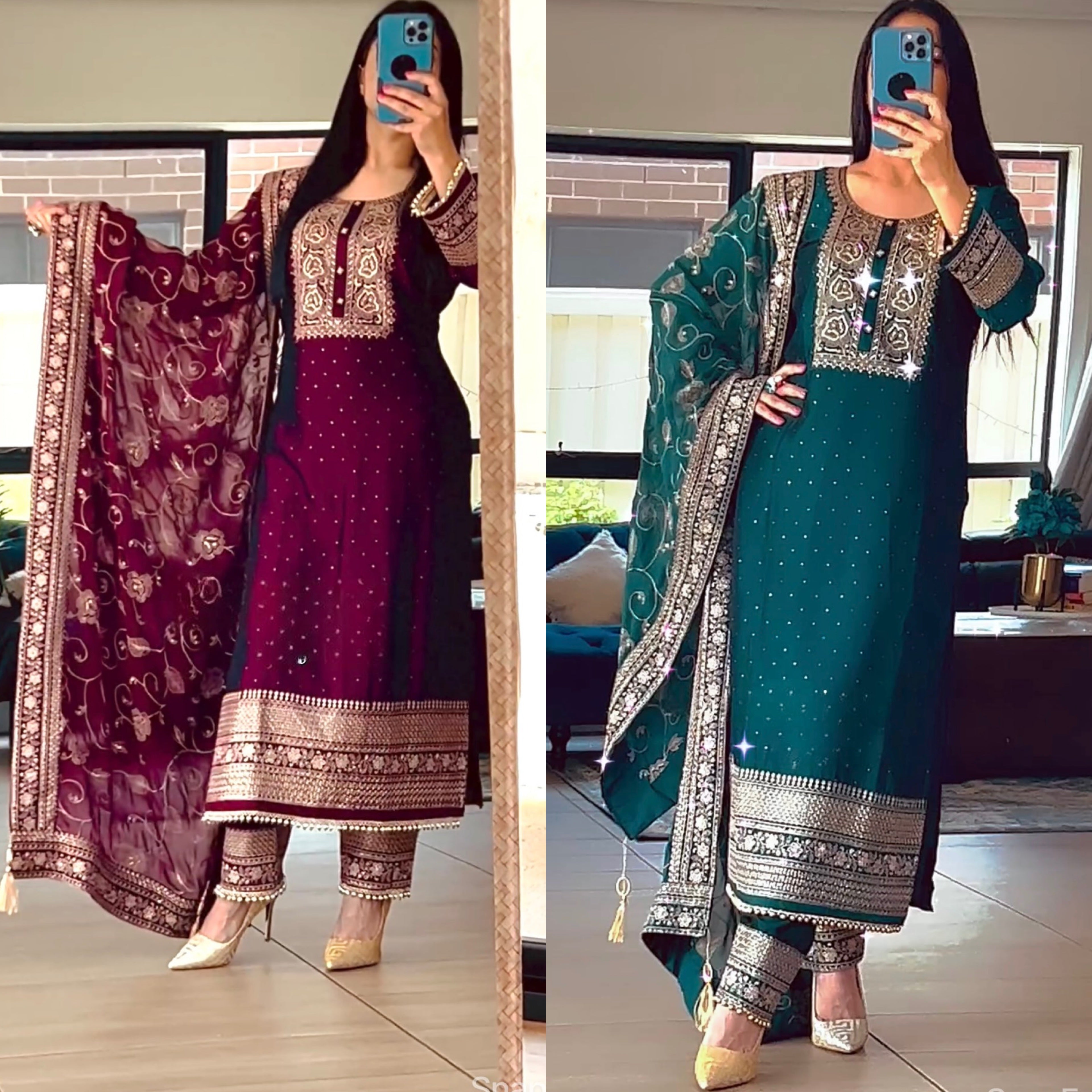 New designer long Pakistani suit top and pant and dupata