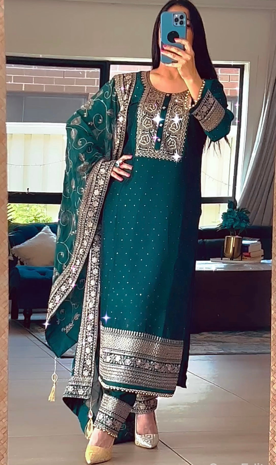 New designer long Pakistani suit top and pant and dupata