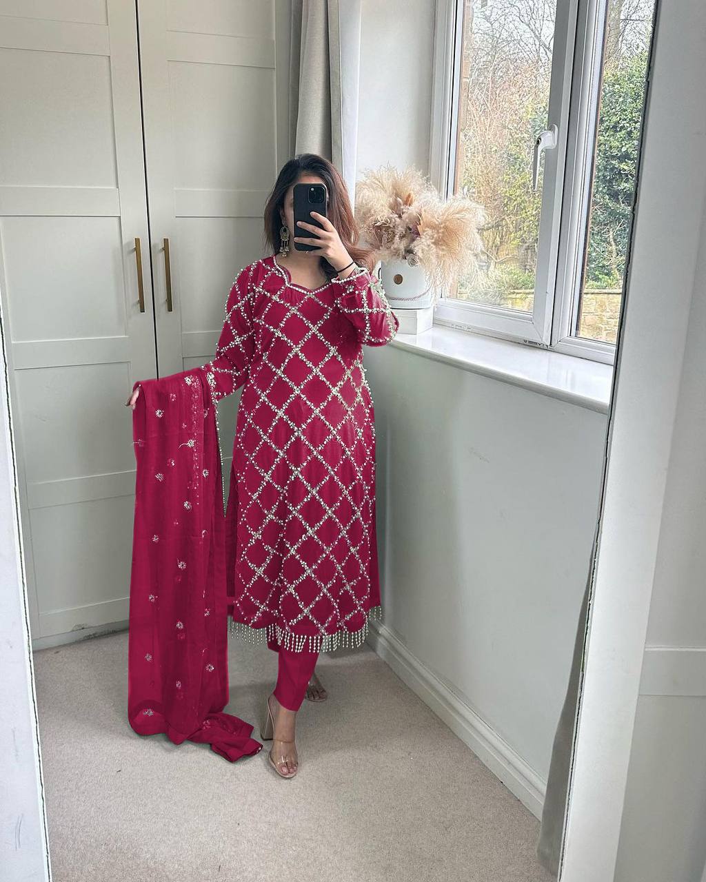 New Launching Long Kurta Designer , Pant And Dupptta Hand Work Suit -NF409