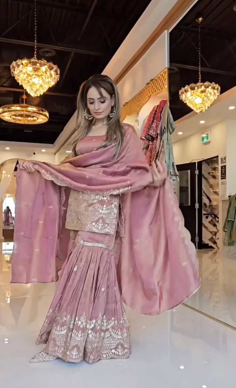 Neutral Silk With Heavy Embroidery Work With Fancy Borders Less Work Sleeve With Fancy Latkan Dori.