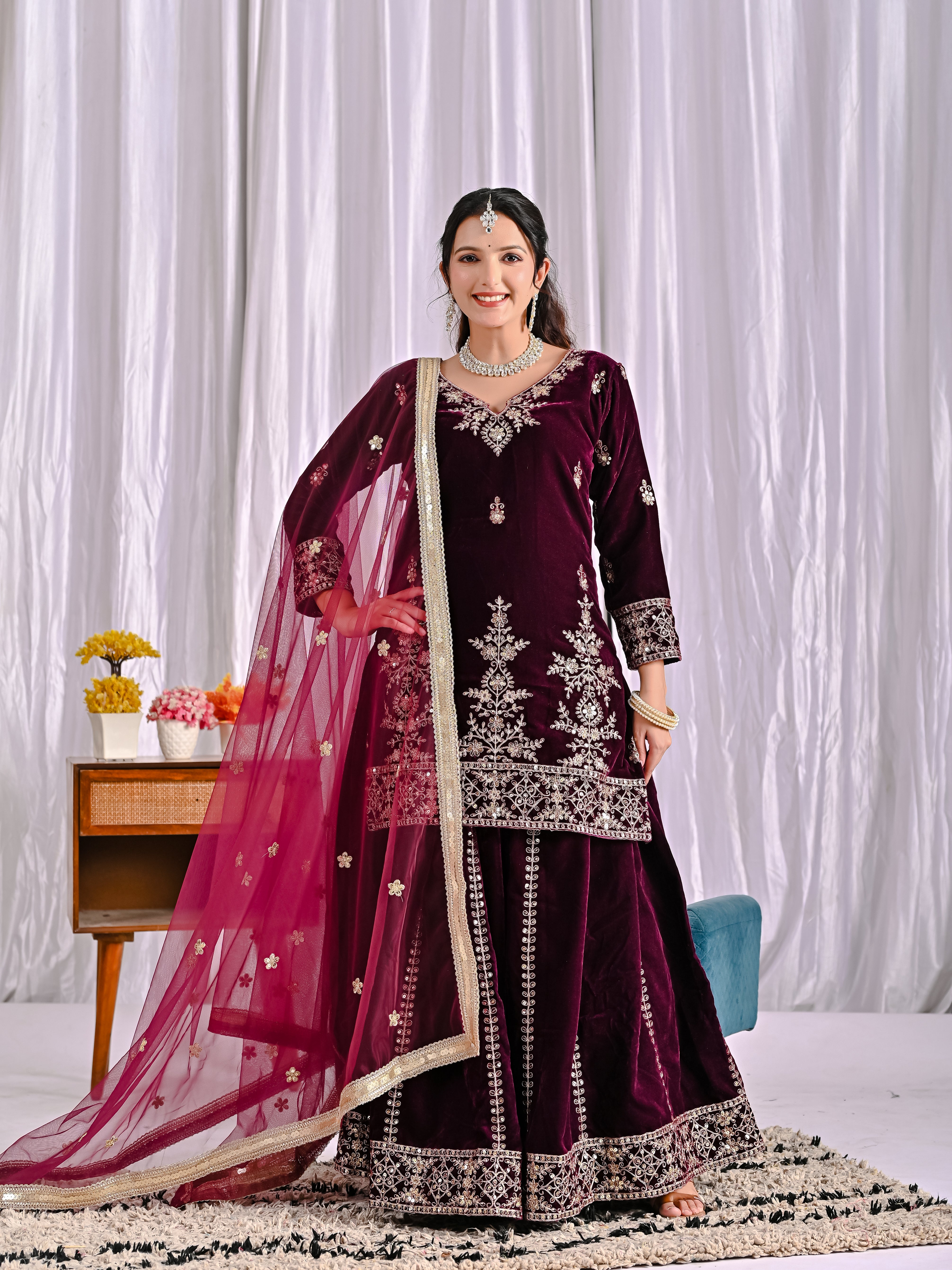 Premium Velvet Sharara Palazzo Suit with Heavy Sequence Work