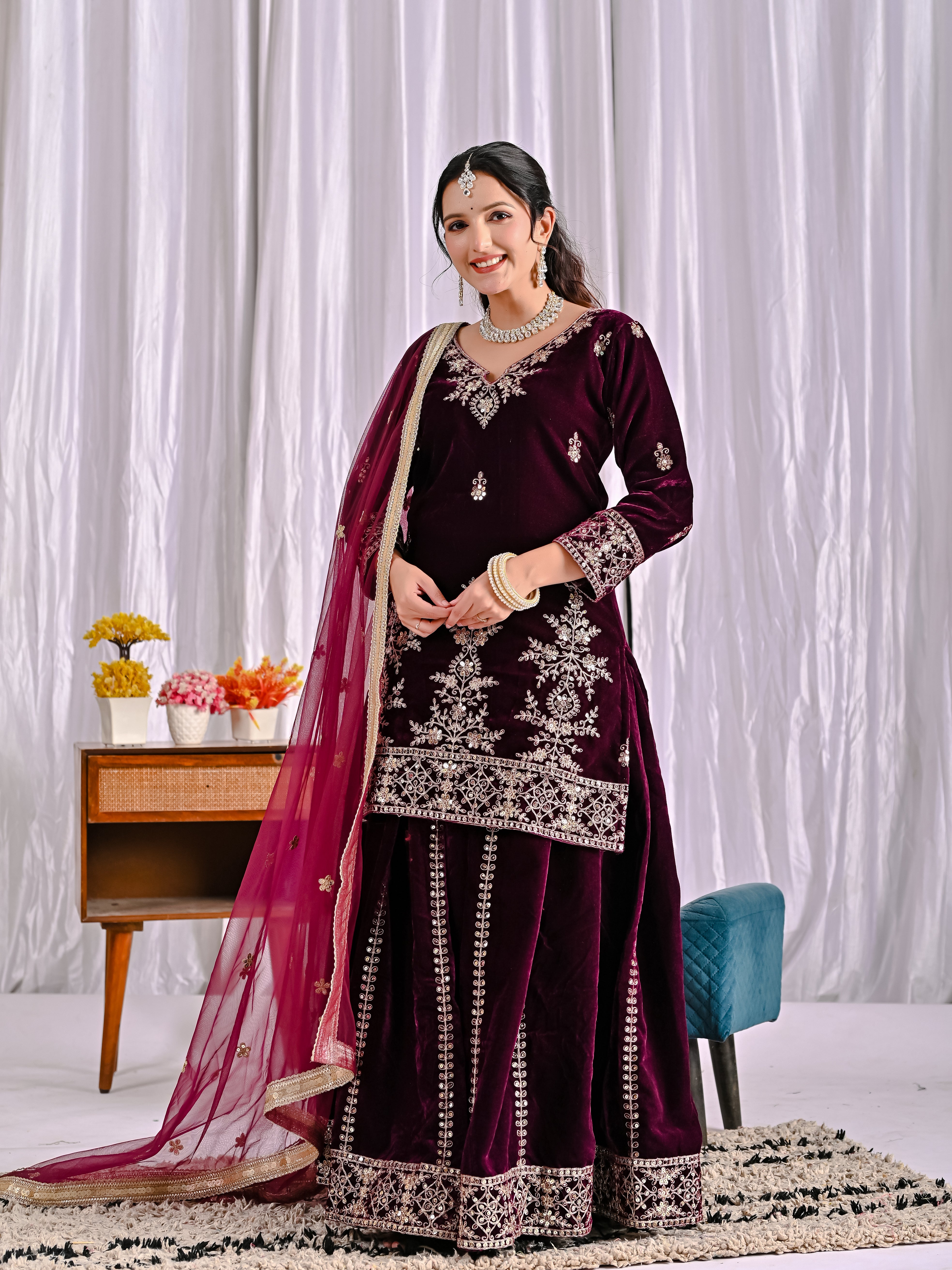 Premium Velvet Sharara Palazzo Suit with Heavy Sequence Work