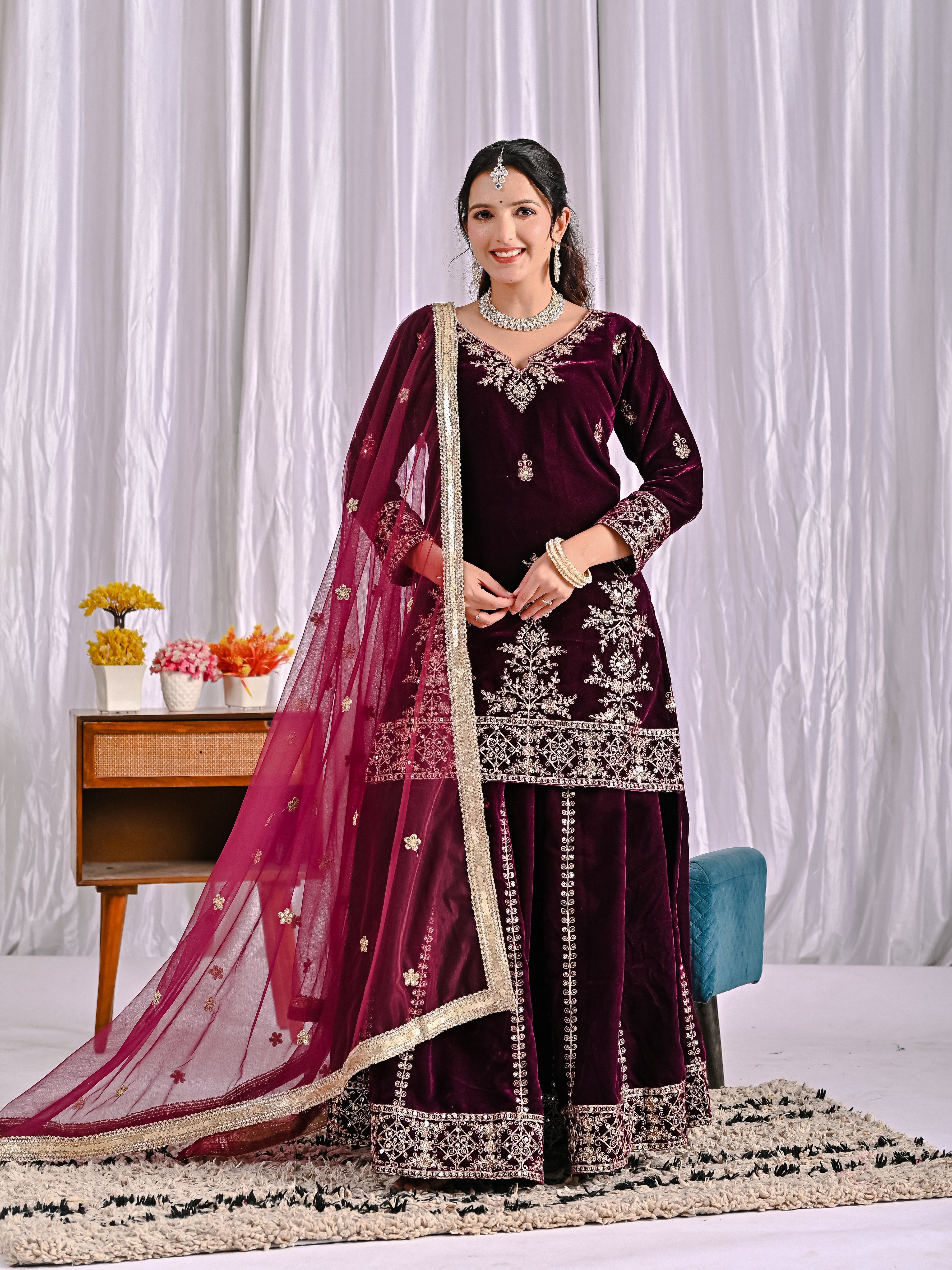 Premium Velvet Sharara Palazzo Suit with Heavy Sequence Work