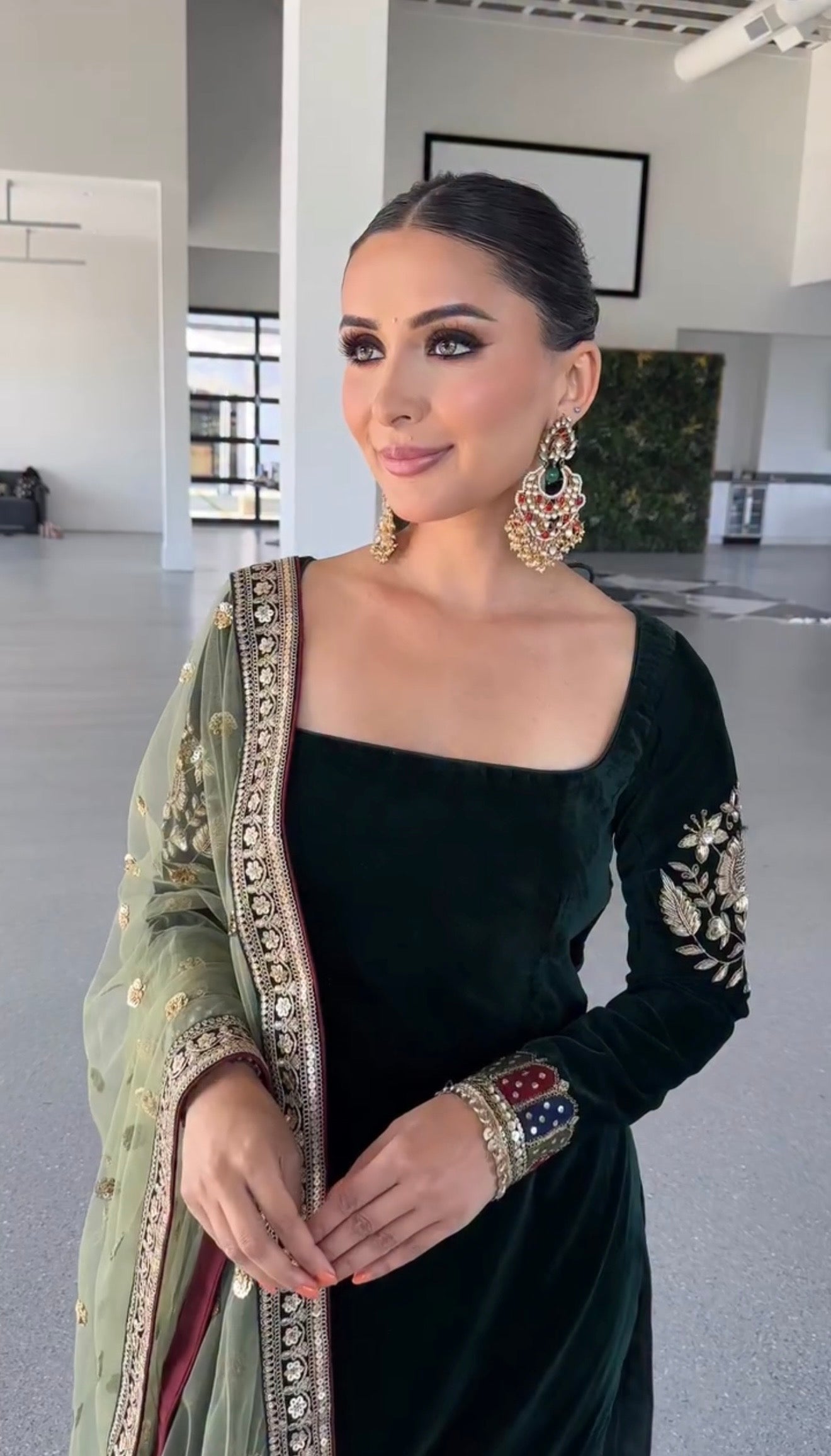 Long Viscose Velvet Kurti with Heavy Embroidery & Silk Pant Set