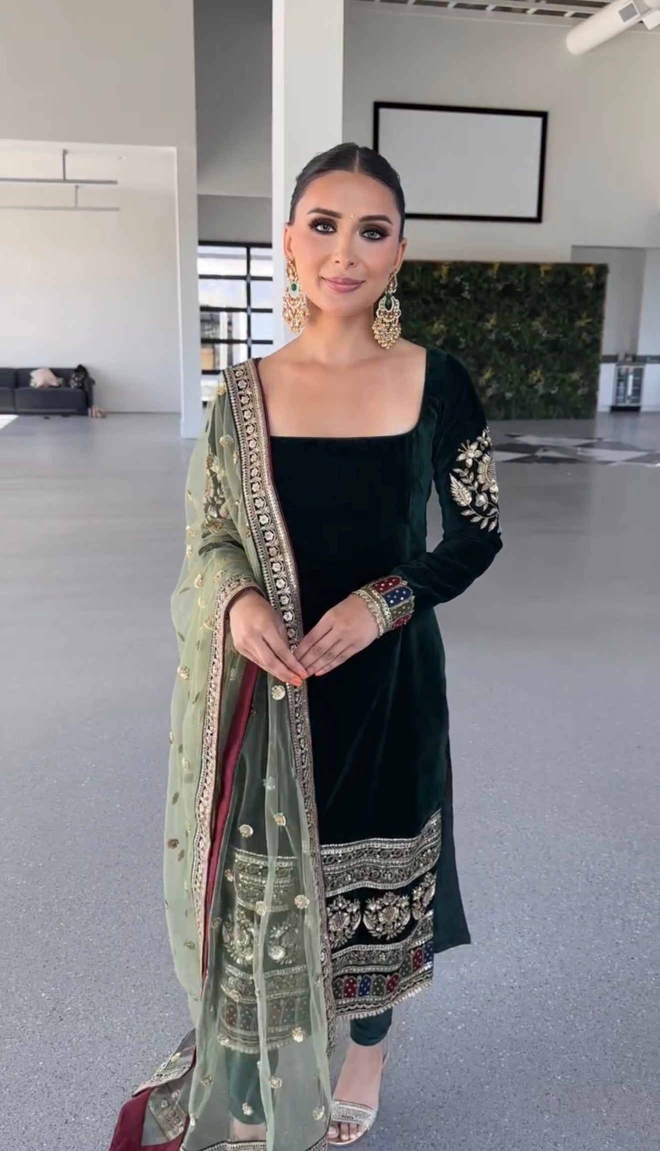 Long Viscose Velvet Kurti with Heavy Embroidery & Silk Pant Set