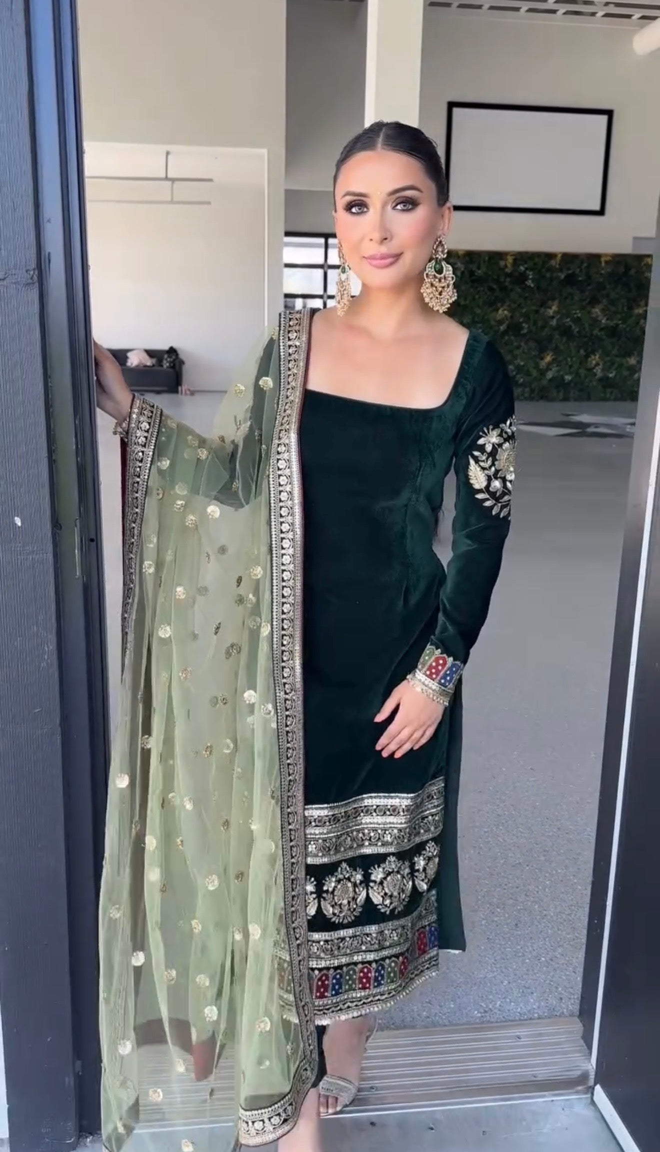 Long Viscose Velvet Kurti with Heavy Embroidery & Silk Pant Set