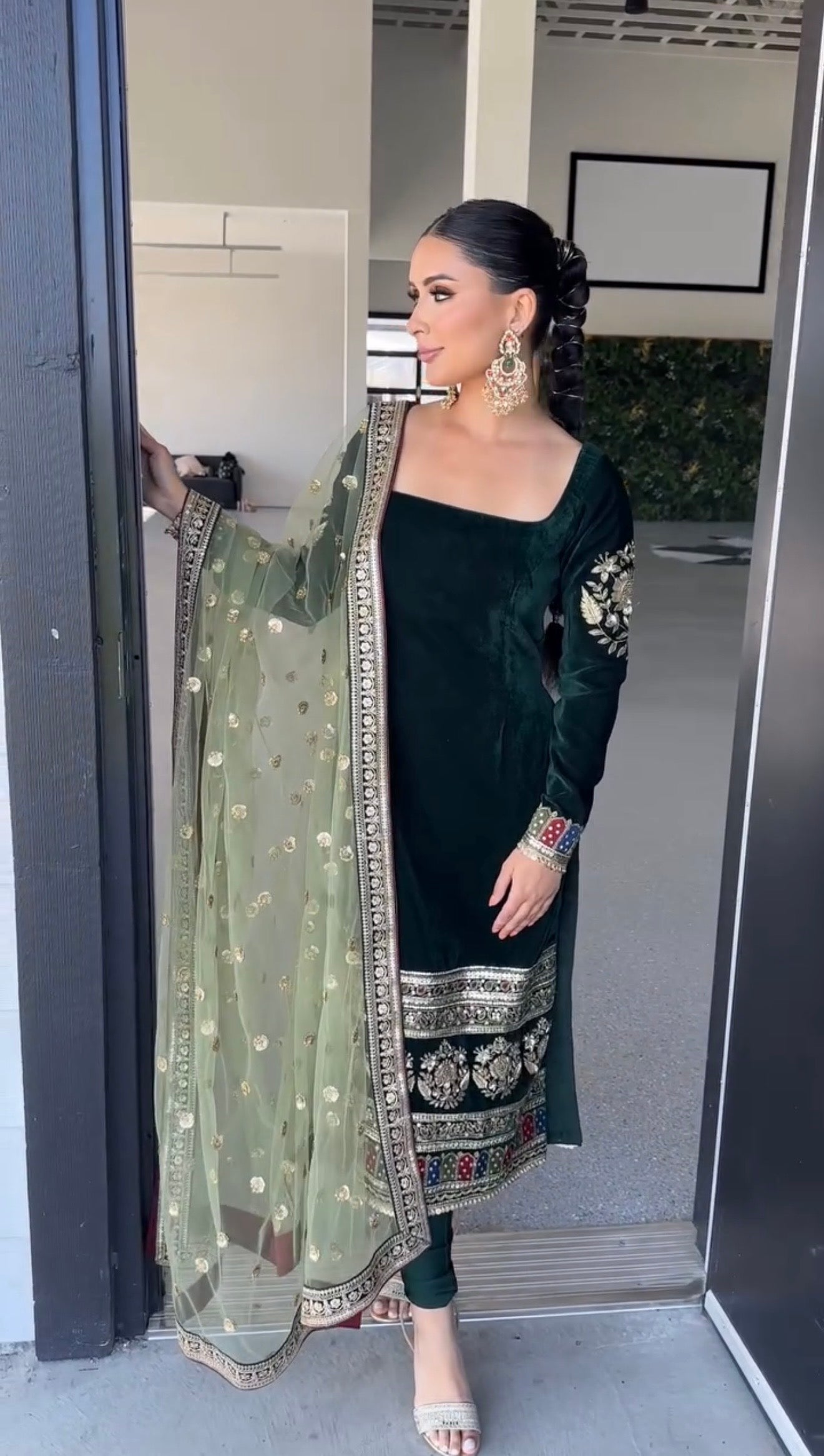 Long Viscose Velvet Kurti with Heavy Embroidery & Silk Pant Set