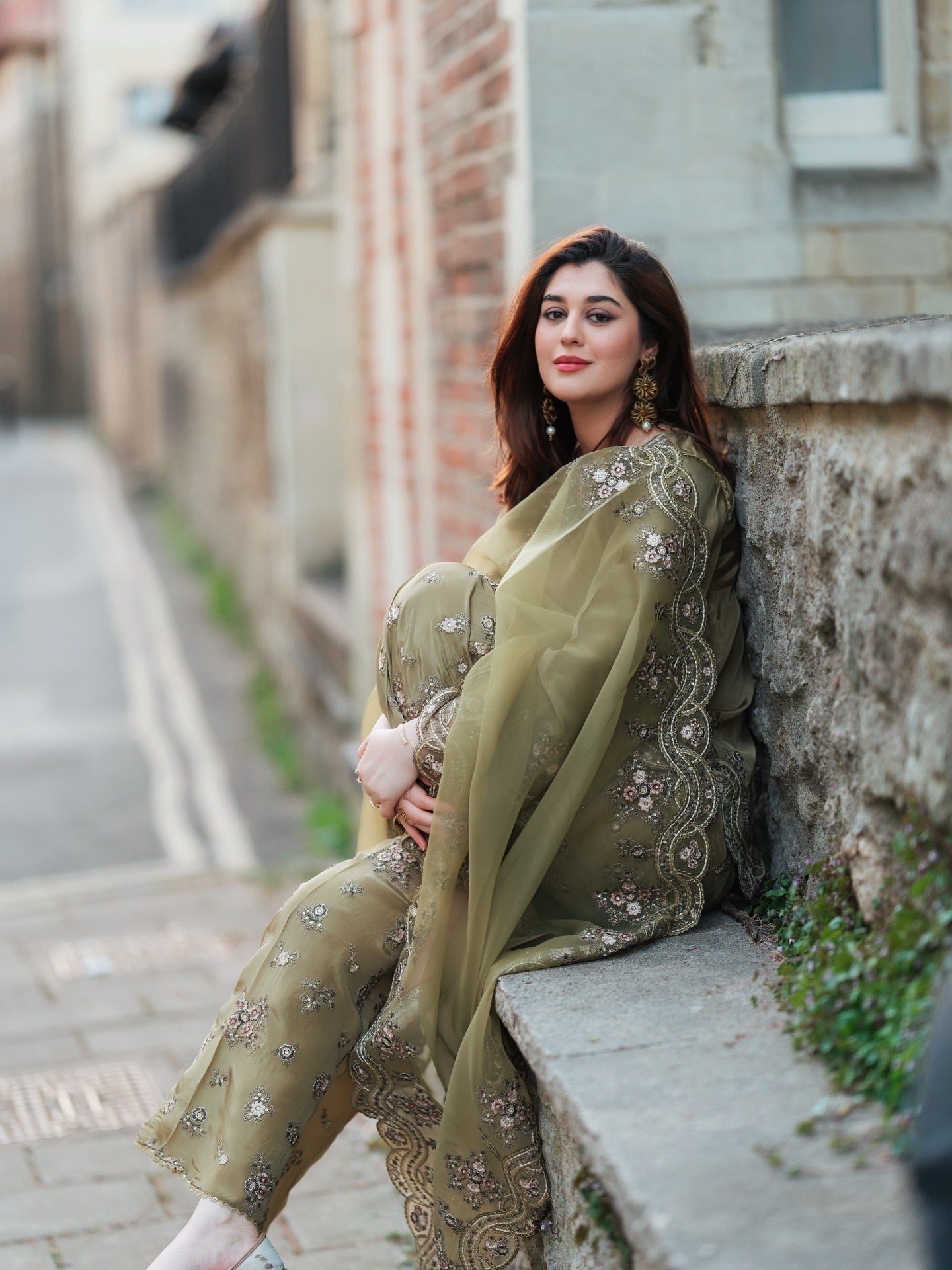 Elegant Olive Green Sharara Set with Embroidery Work