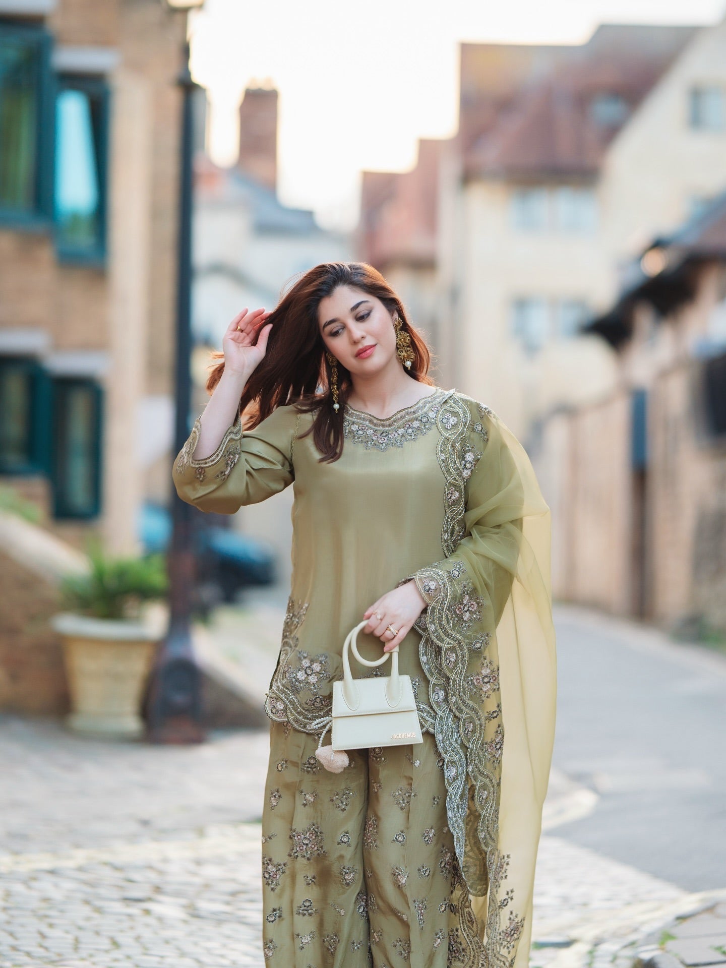 Elegant Olive Green Sharara Set with Embroidery Work
