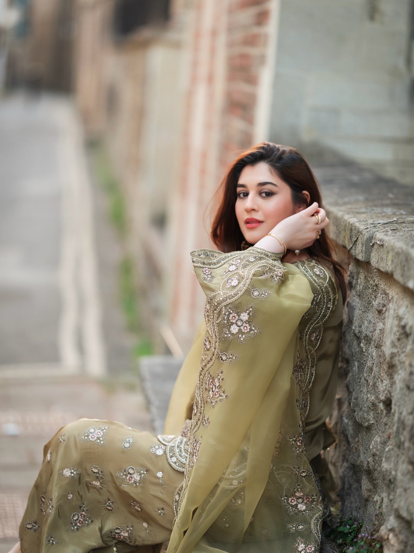 Elegant Olive Green Sharara Set with Embroidery Work