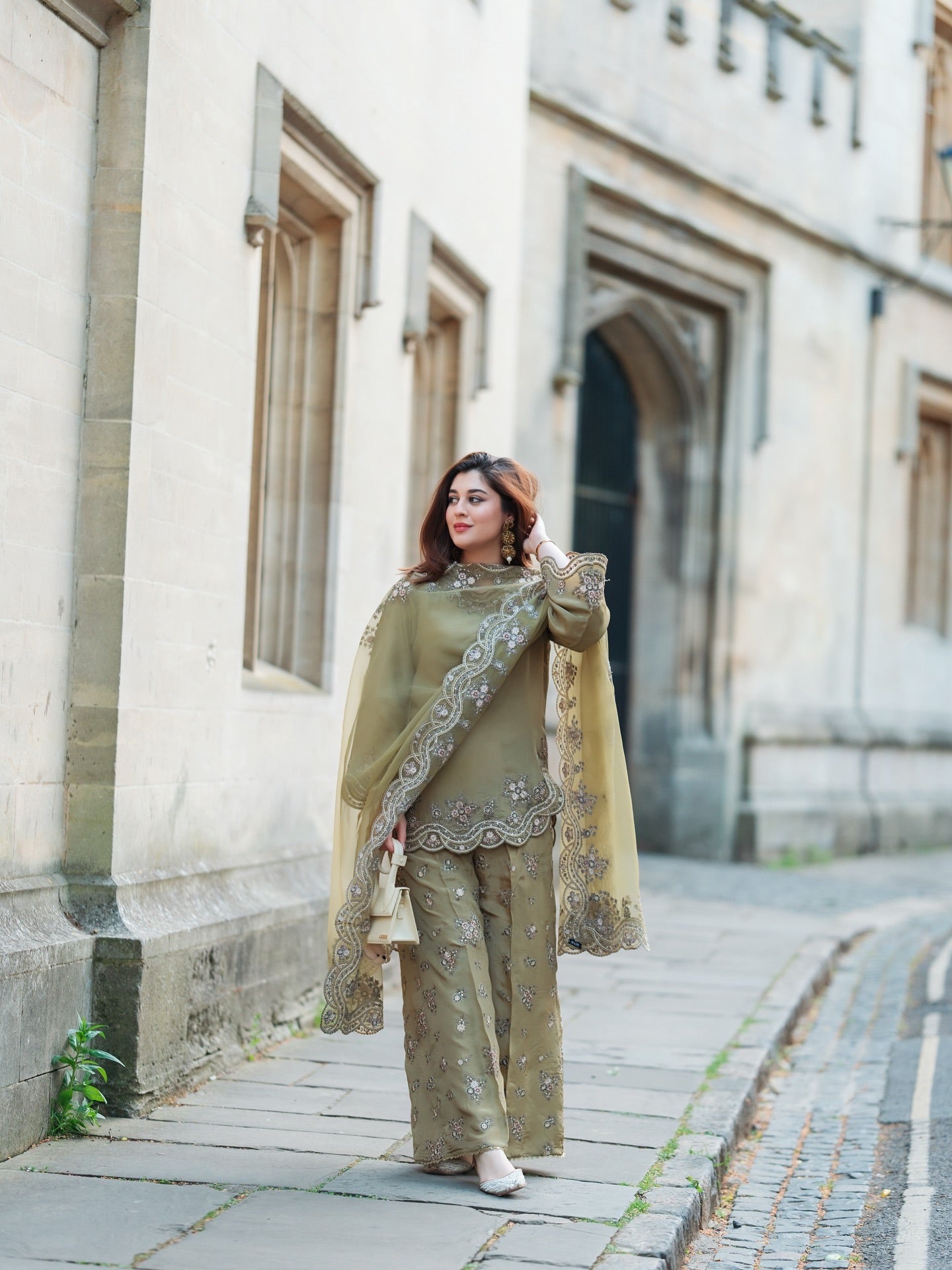 Elegant Olive Green Sharara Set with Embroidery Work