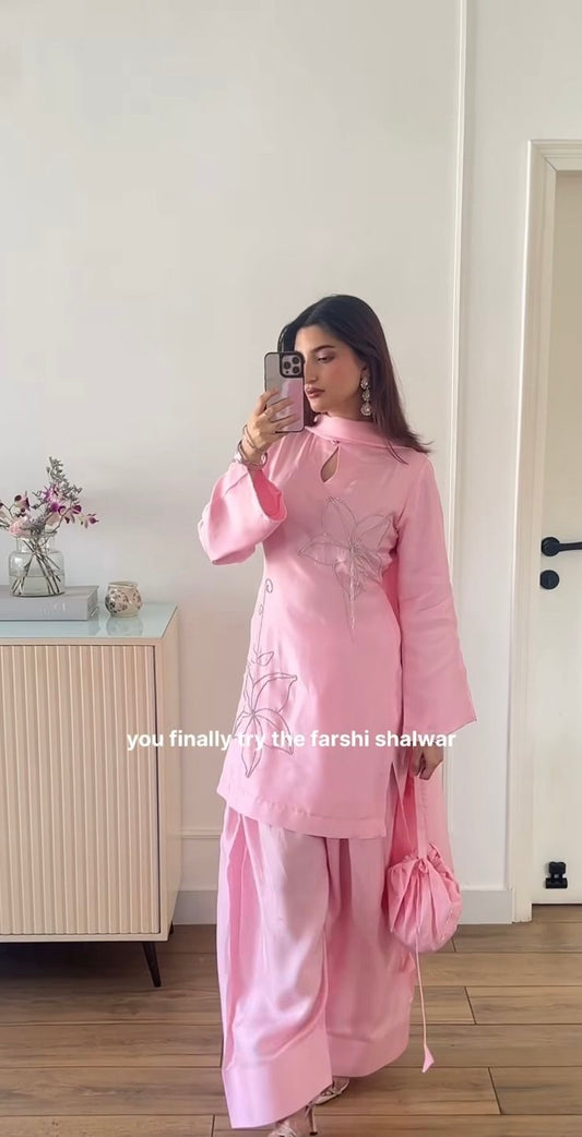 Blush Pink Farshi Shalwar Set with Handcrafted Khatli Work