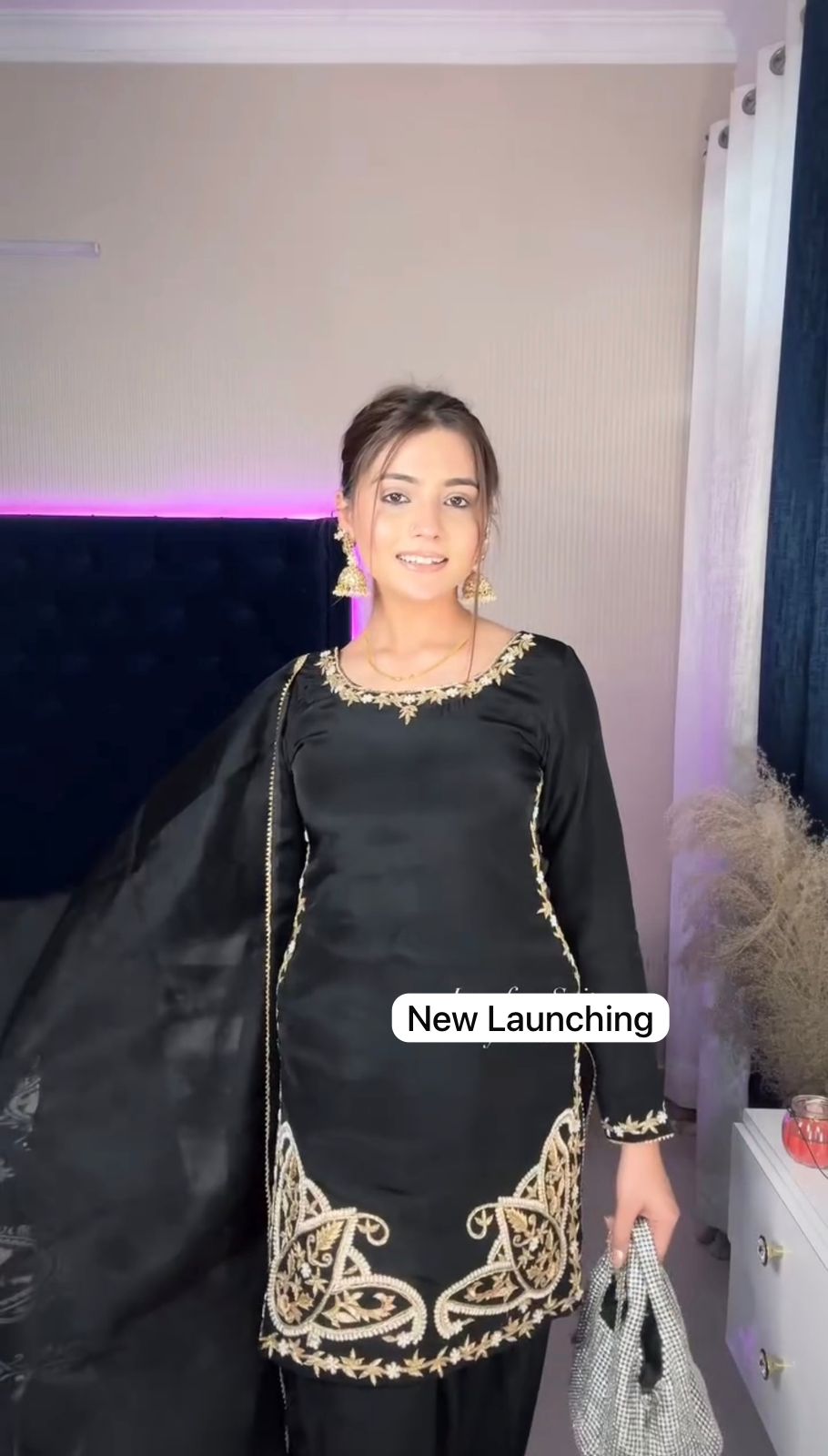 Black Festive Farshi Salwar Suit with Embroidery & Organza Dupatta