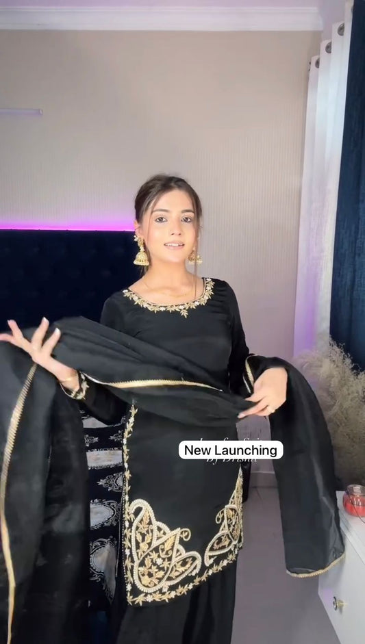 Black Festive Farshi Salwar Suit with Embroidery & Organza Dupatta