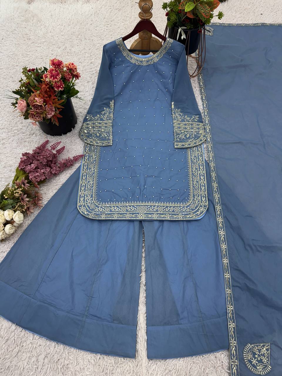 Heavy Faux Georgette Embroidered Sharara Set for Women – Fully Stitched Kurti, Palazzo & Dupatta